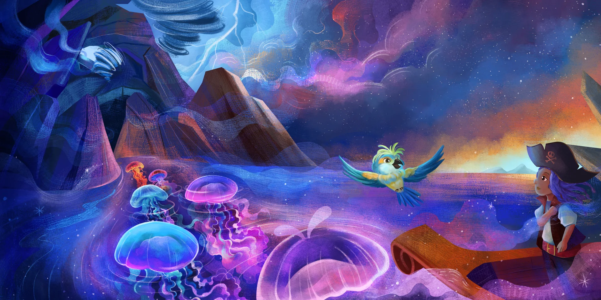 A luminous sea filled with colorful jellyfish